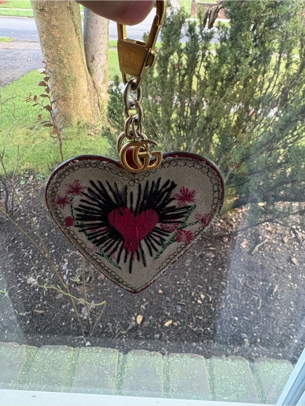 Gucci Heart Embroidered Leather Keychain